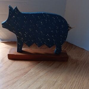 Blue Speckled Pig Figurine on Wooden Base